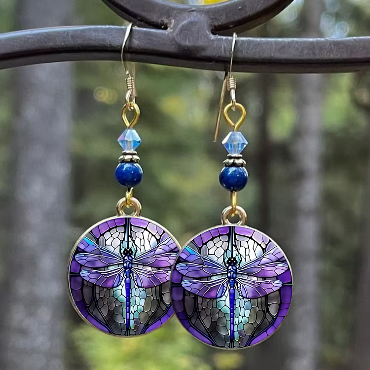 Aoaome Vintage Stained Glass Purple Dragonfly Beaded Dangle Earrings