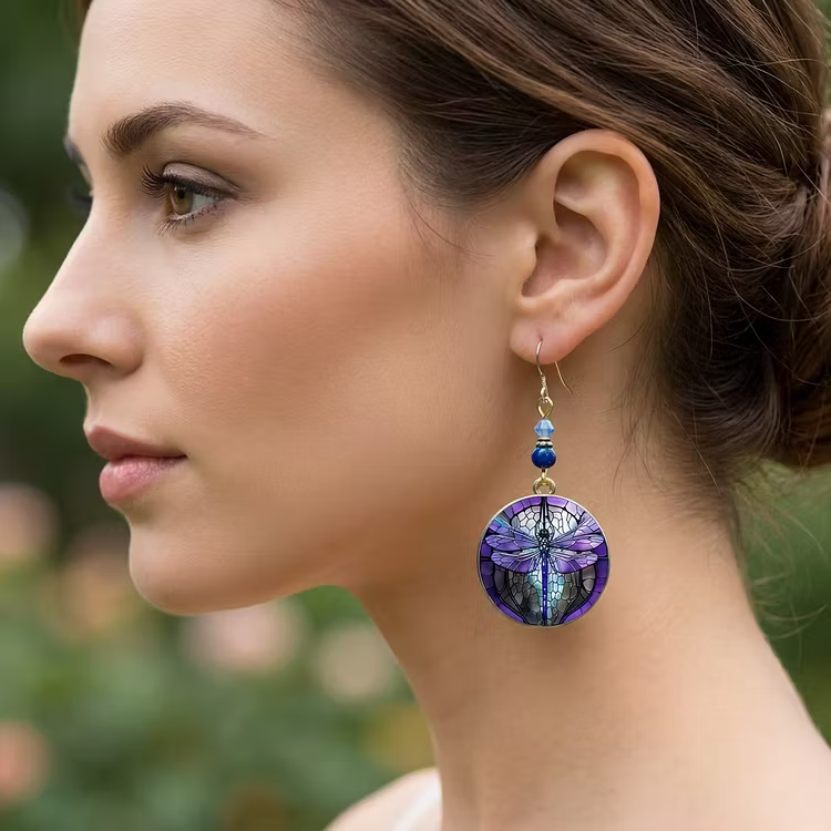 Aoaome Vintage Stained Glass Purple Dragonfly Beaded Dangle Earrings
