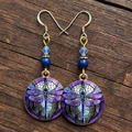 Aoaome Vintage Stained Glass Purple Dragonfly Beaded Dangle Earrings
