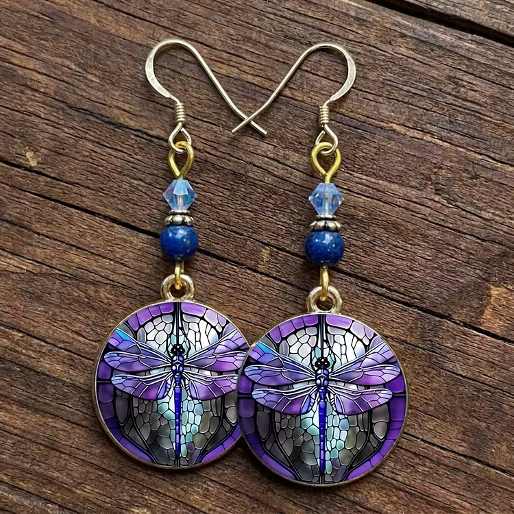 Aoaome Vintage Stained Glass Purple Dragonfly Beaded Dangle Earrings