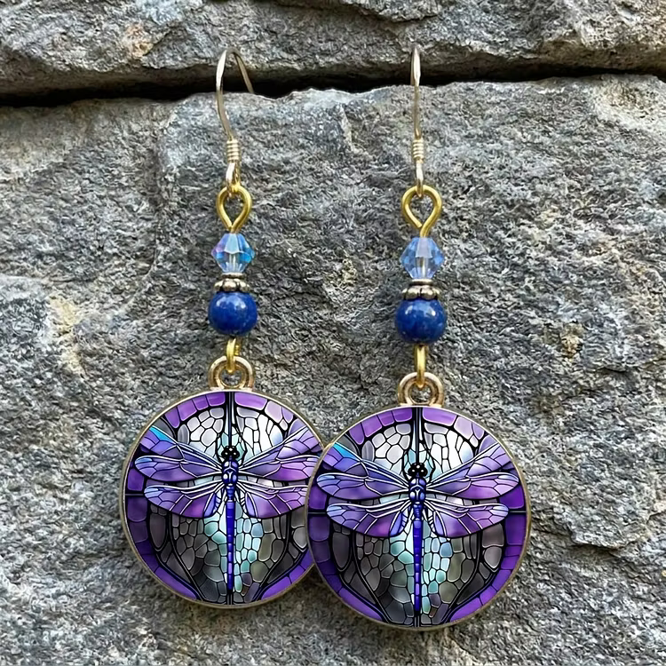 Aoaome Vintage Stained Glass Purple Dragonfly Beaded Dangle Earrings