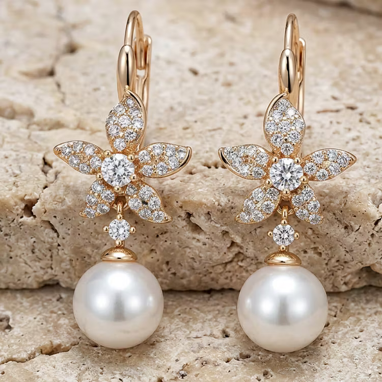 Aoaome Vintage Star Flower Crystal Pearl Dangle Earrings