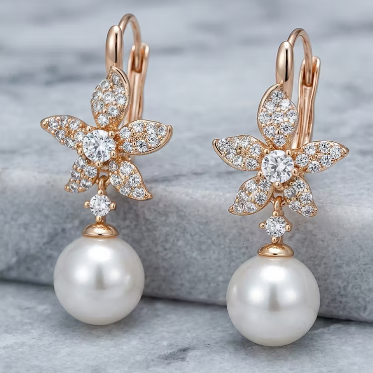 Aoaome Vintage Star Flower Crystal Pearl Dangle Earrings