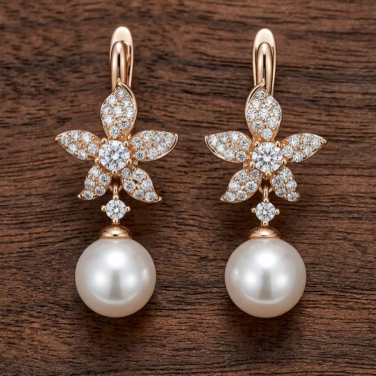 Aoaome Vintage Star Flower Crystal Pearl Dangle Earrings