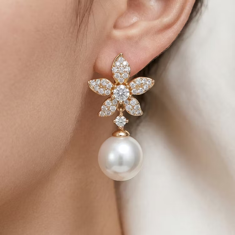 Aoaome Vintage Star Flower Crystal Pearl Dangle Earrings