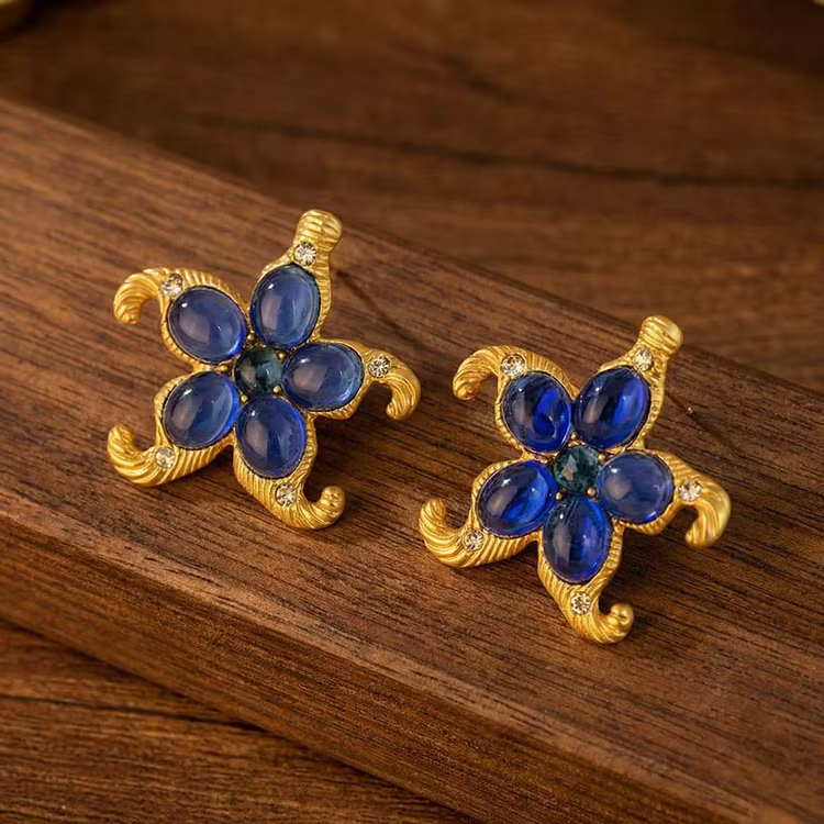Aoaome Vintage Starfish Blue Gem Statement Earrings