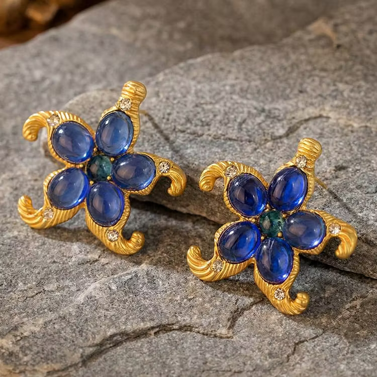 Aoaome Vintage Starfish Blue Gem Statement Earrings