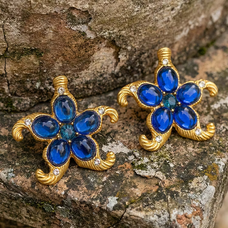 Aoaome Vintage Starfish Blue Gem Statement Earrings