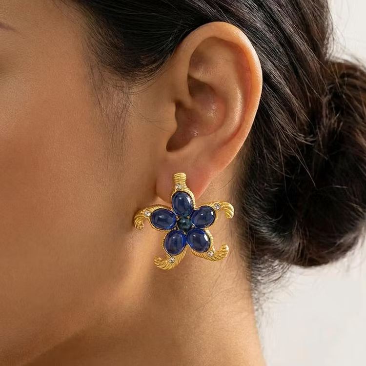 Aoaome Vintage Starfish Blue Gem Statement Earrings