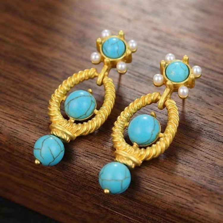Aoaome Vintage Turquoise Gold Twist Earrings