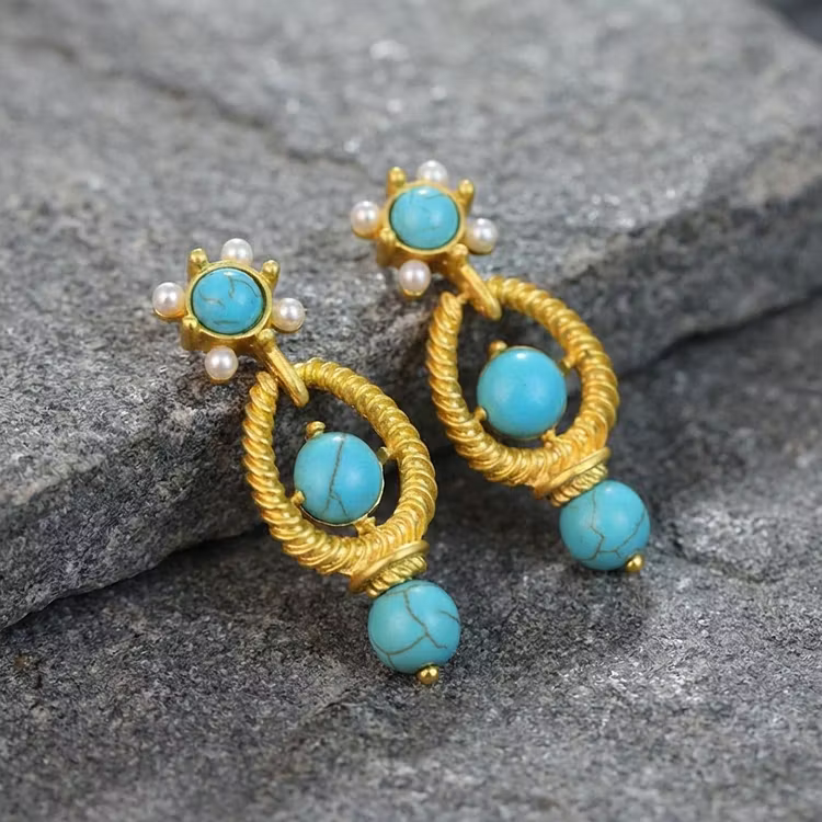 Aoaome Vintage Turquoise Gold Twist Earrings