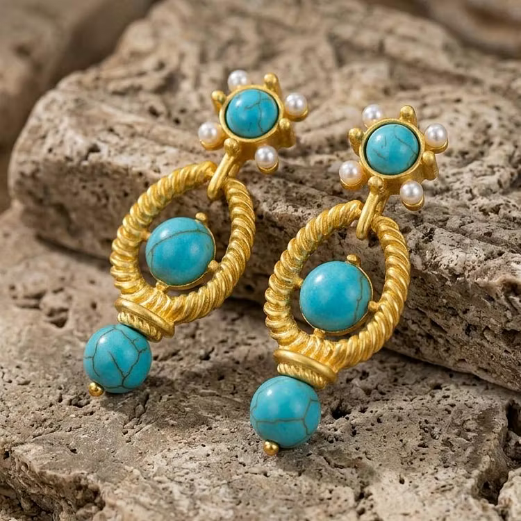 Aoaome Vintage Turquoise Gold Twist Earrings
