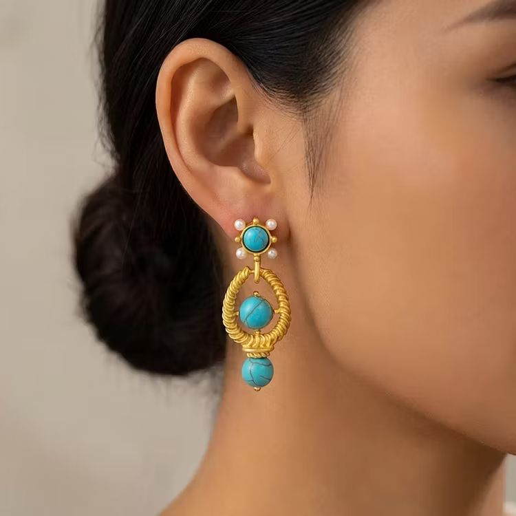Aoaome Vintage Turquoise Gold Twist Earrings