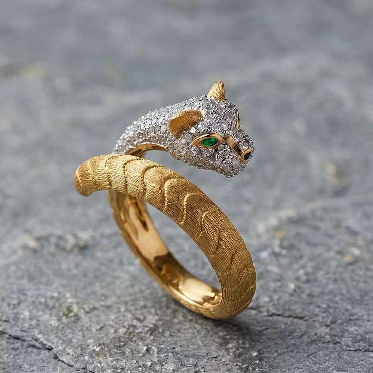 Aoaome Vintage Two-Tone Gold Panther with Diamonds Emerald Eyes Rings