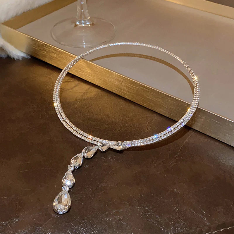 Aoaome Zirconia Drop Choker Necklaces