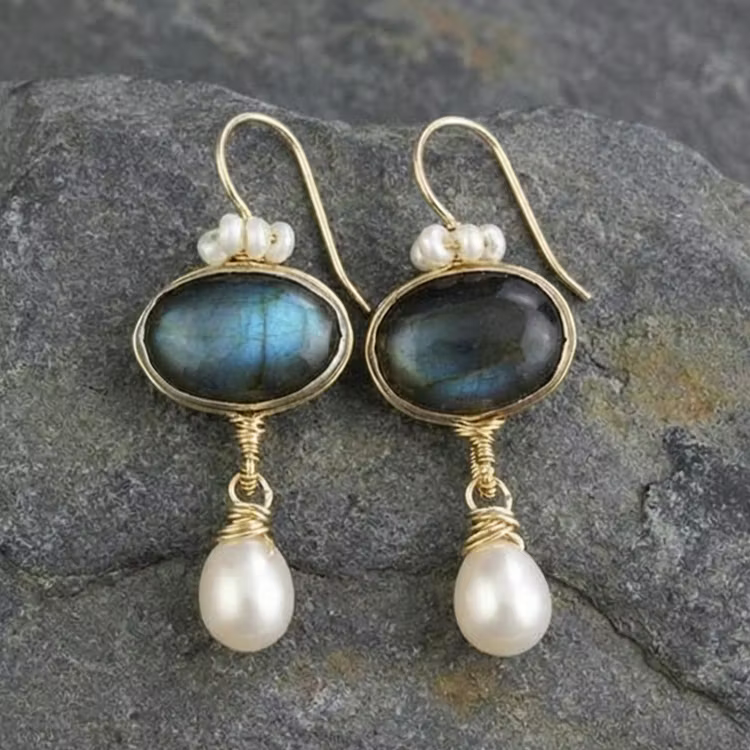 Aoaome Vintage Blue Crystal Pearl Earrings