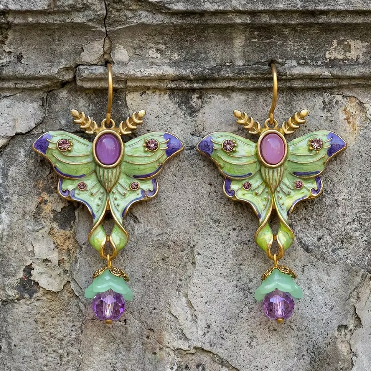 Aoaome Vintage Enamel Moth with Pink Stone Dangle Earrings