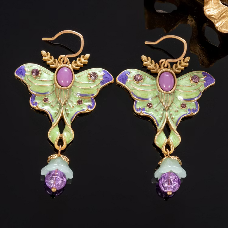 Aoaome Vintage Enamel Moth with Pink Stone Dangle Earrings