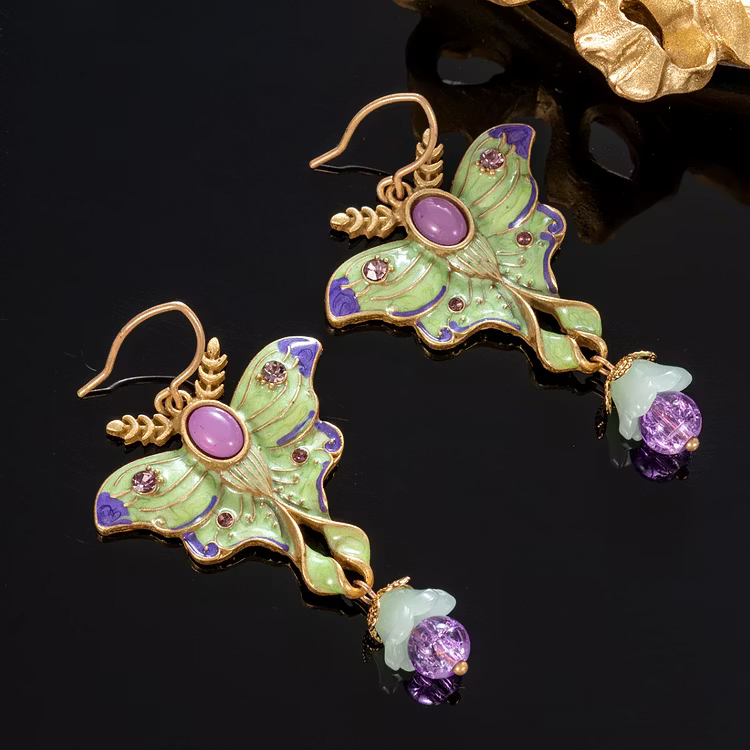 Aoaome Vintage Enamel Moth with Pink Stone Dangle Earrings