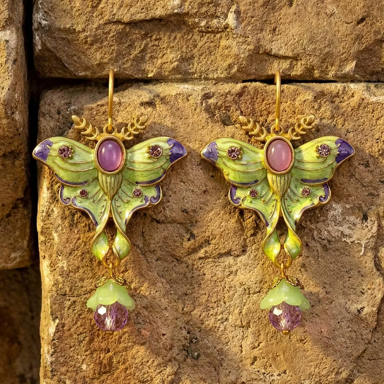 Aoaome Vintage Enamel Moth with Pink Stone Dangle Earrings