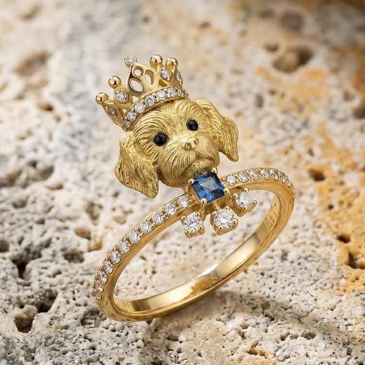 Aoaome Vintage Gold Poodle with Crystal Crown Blue Gemstone Rings
