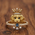 Aoaome Vintage Gold Poodle with Crystal Crown Blue Gemstone Rings