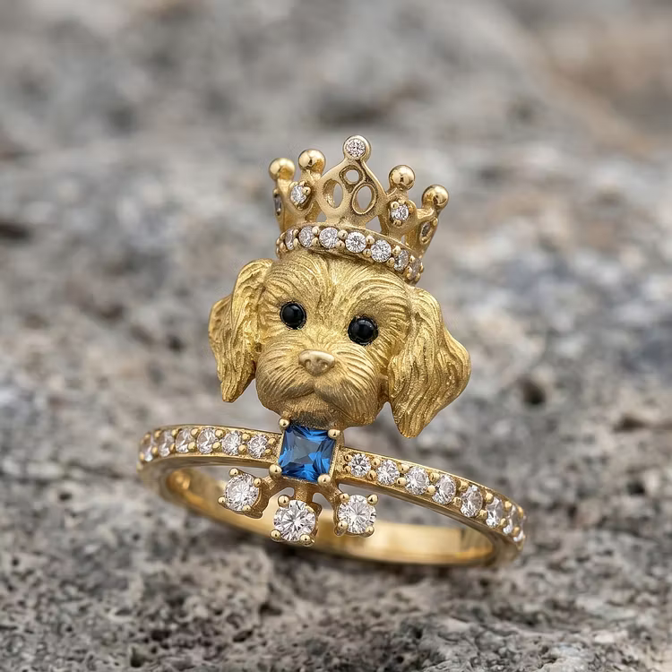 Aoaome Vintage Gold Poodle with Crystal Crown Blue Gemstone Rings