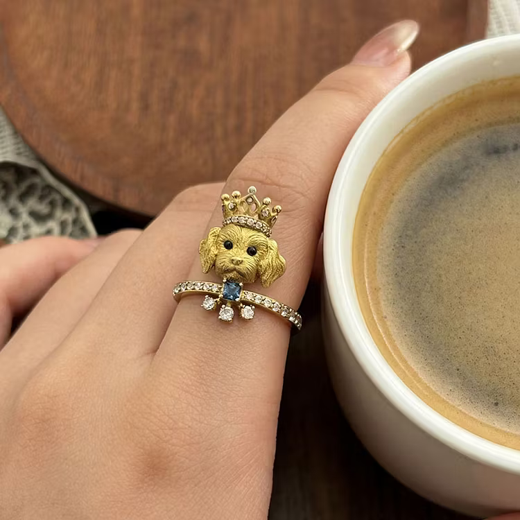 Aoaome Vintage Gold Poodle with Crystal Crown Blue Gemstone Rings
