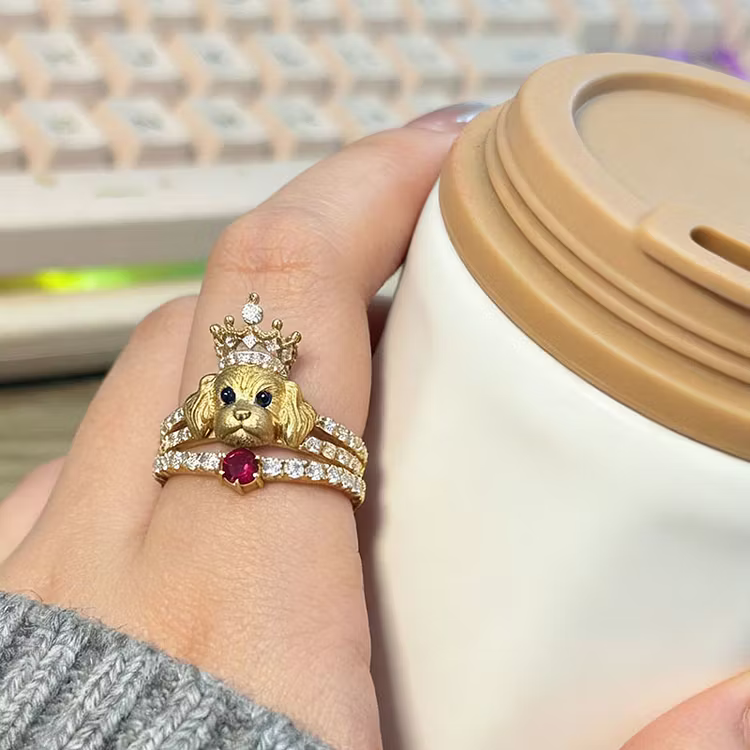 Aoaome Vintage Gold Poodle with Crystal Crown Ruby Accent Rings