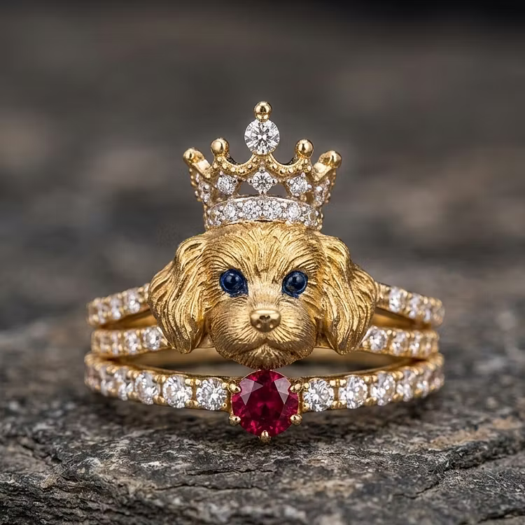 Aoaome Vintage Gold Poodle with Crystal Crown Ruby Accent Rings
