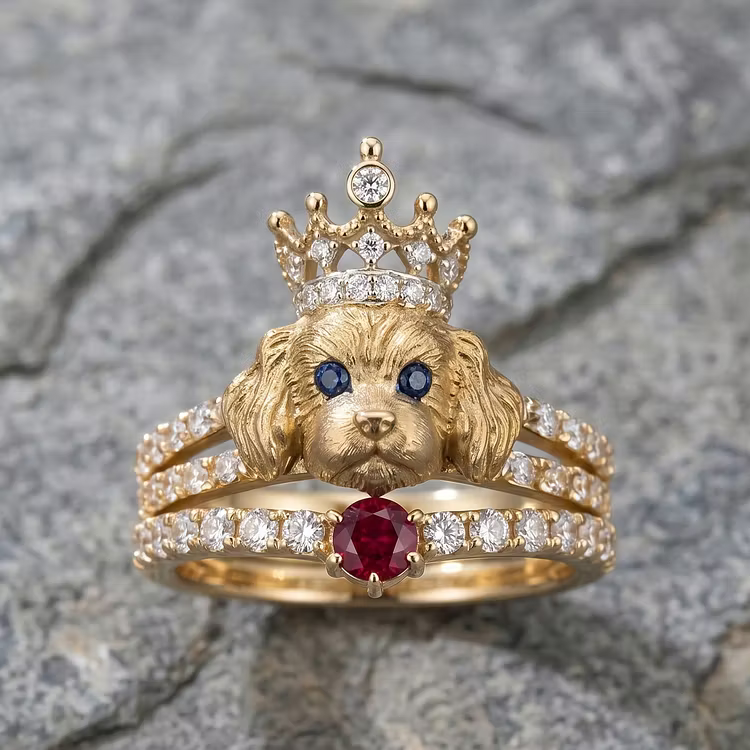 Aoaome Vintage Gold Poodle with Crystal Crown Ruby Accent Rings