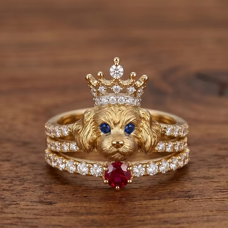 Aoaome Vintage Gold Poodle with Crystal Crown Ruby Accent Rings