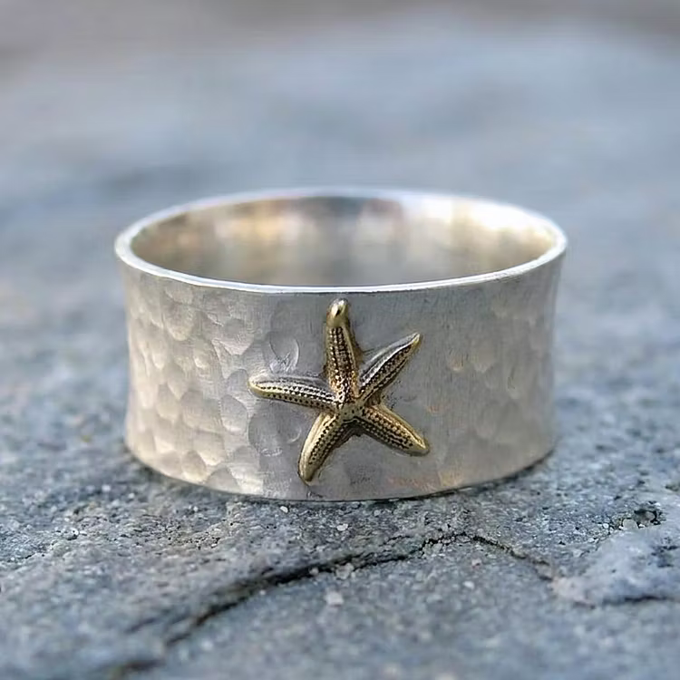 Vintage Hammered Silver Starfish Wide Band Rings