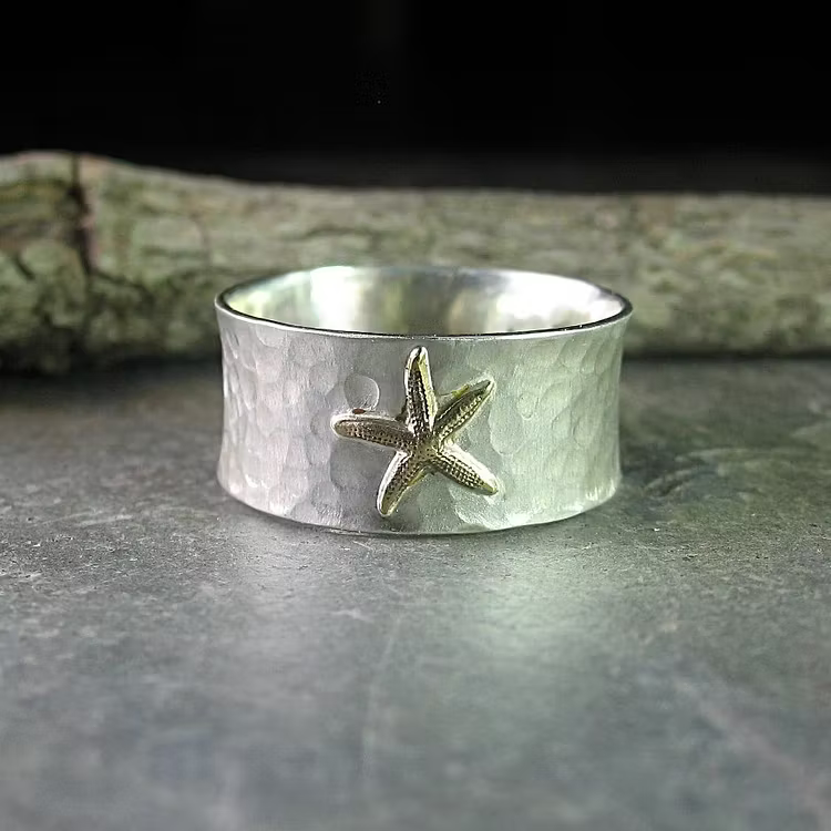 Vintage Hammered Silver Starfish Wide Band Rings