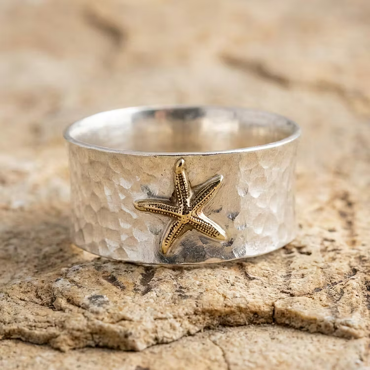 Vintage Hammered Silver Starfish Wide Band Rings