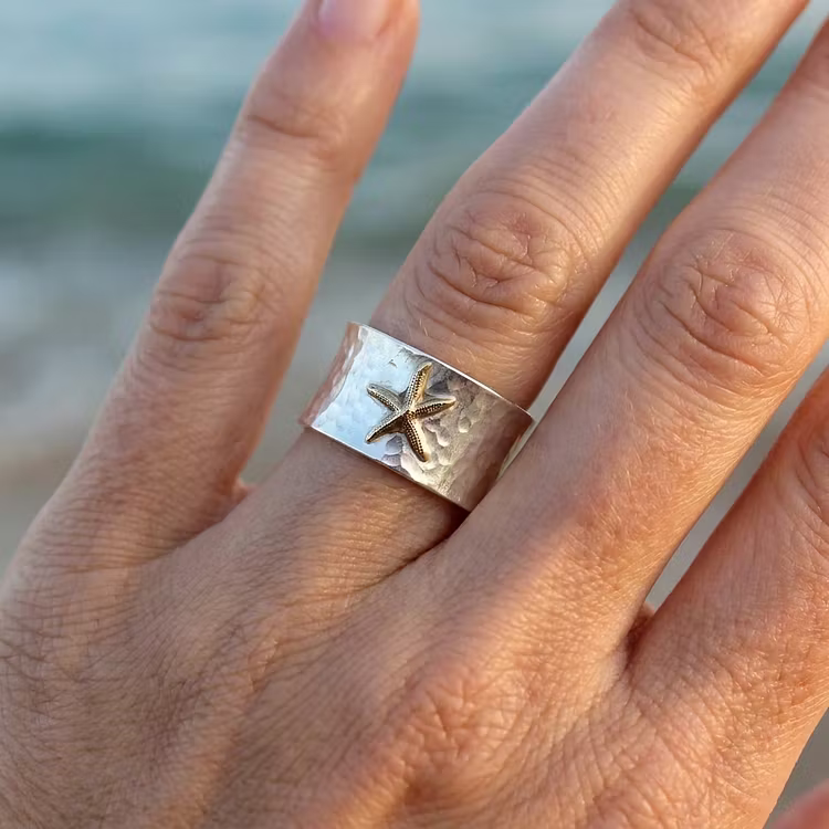 Vintage Hammered Silver Starfish Wide Band Rings