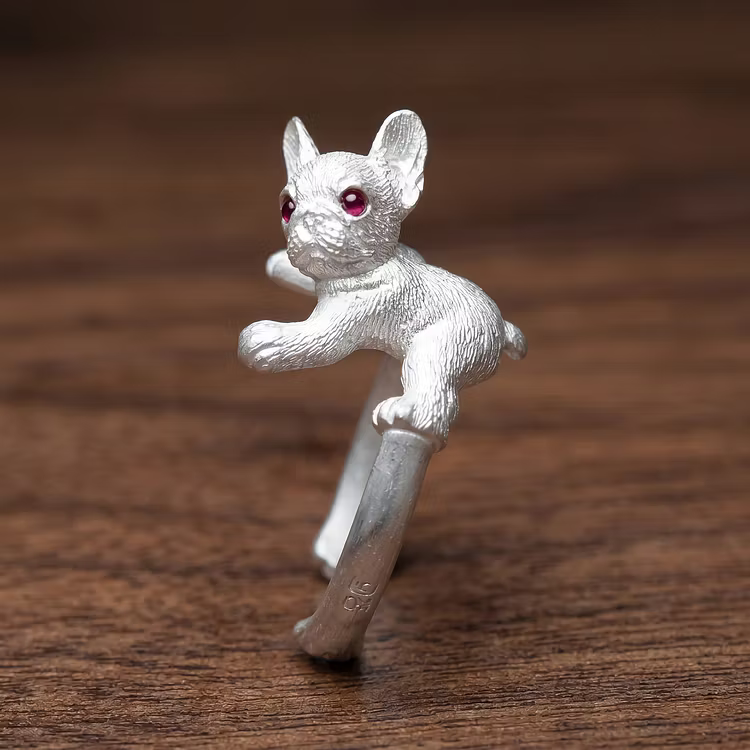 Vintage Silver French Bulldog Open with Red Gem Eyes Rings