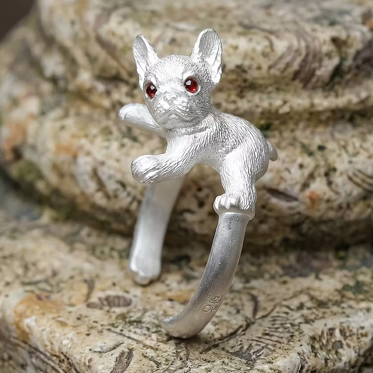 Vintage Silver French Bulldog Open with Red Gem Eyes Rings