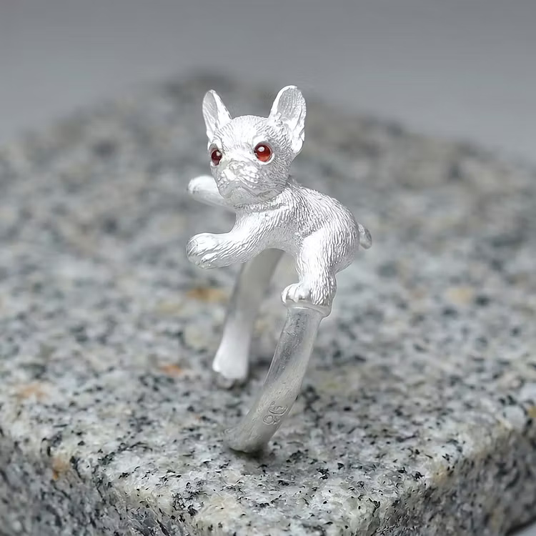 Vintage Silver French Bulldog Open with Red Gem Eyes Rings