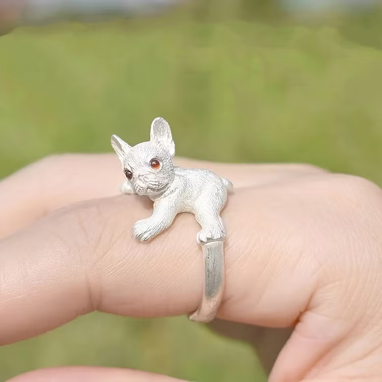 Vintage Silver French Bulldog Open with Red Gem Eyes Rings
