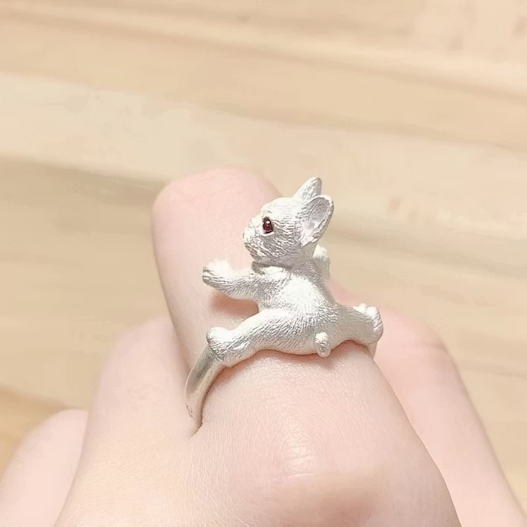Vintage Silver French Bulldog Open with Red Gem Eyes Rings