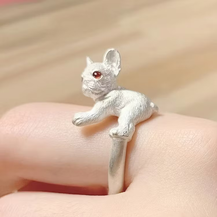 Vintage Silver French Bulldog Open with Red Gem Eyes Rings